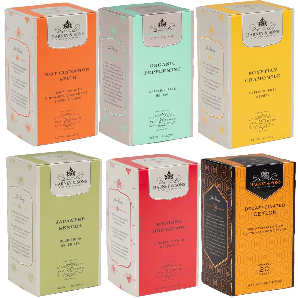 茶 HARNEY & SONS Harney & Sons Variety Pack Premium Tea Bags, 6 Flavors, 20 Tea